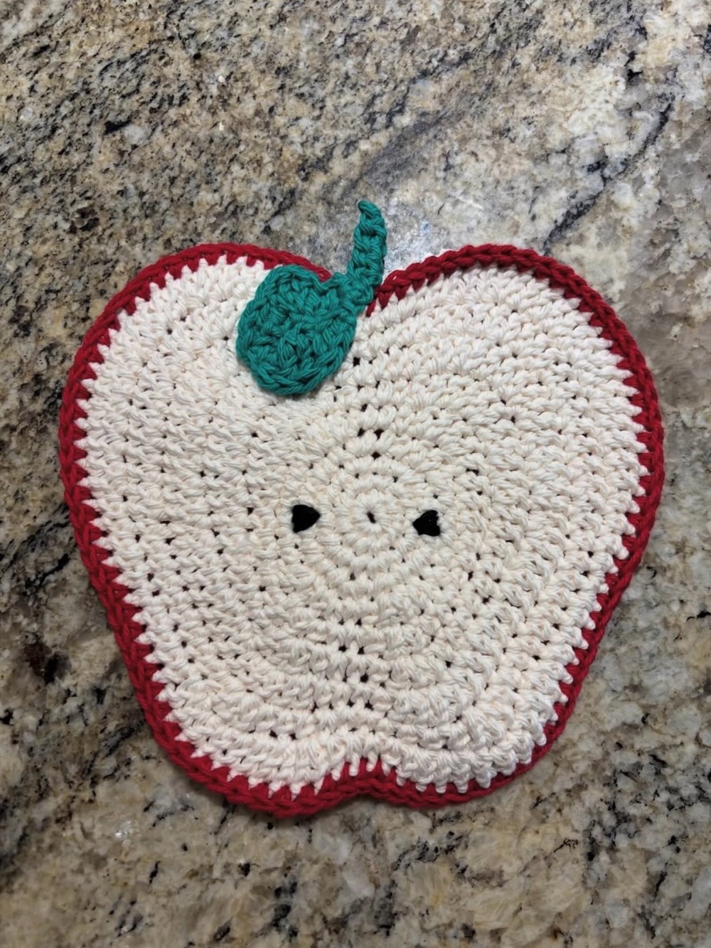 Hand Crafted Cream and Red Apple Crochet Potholder with Green Leaf